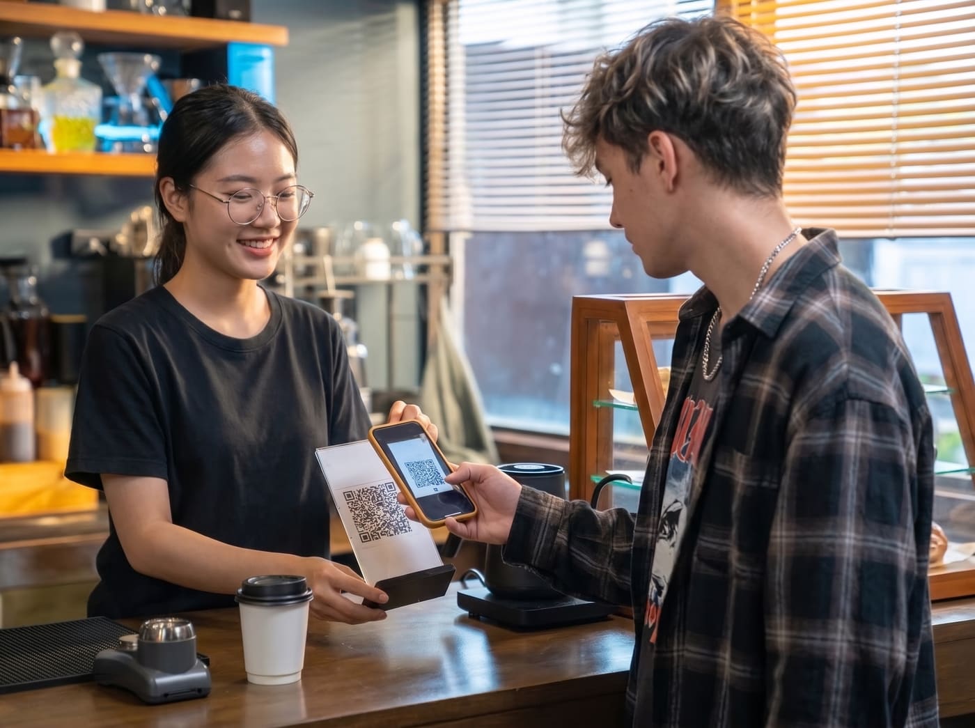 Barista scanning a customer's phone QR code at a cafe counter